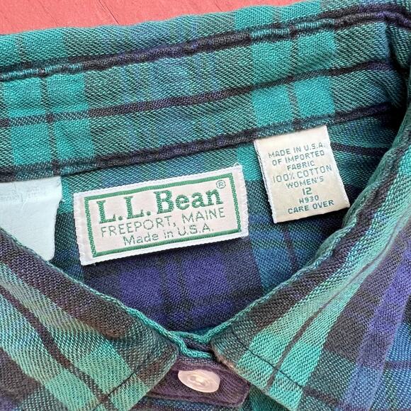 Vintage LL Bean Plaid Button Down Long Shirt Blue Green Black USA Made Womens Up - Picture 2 of 9